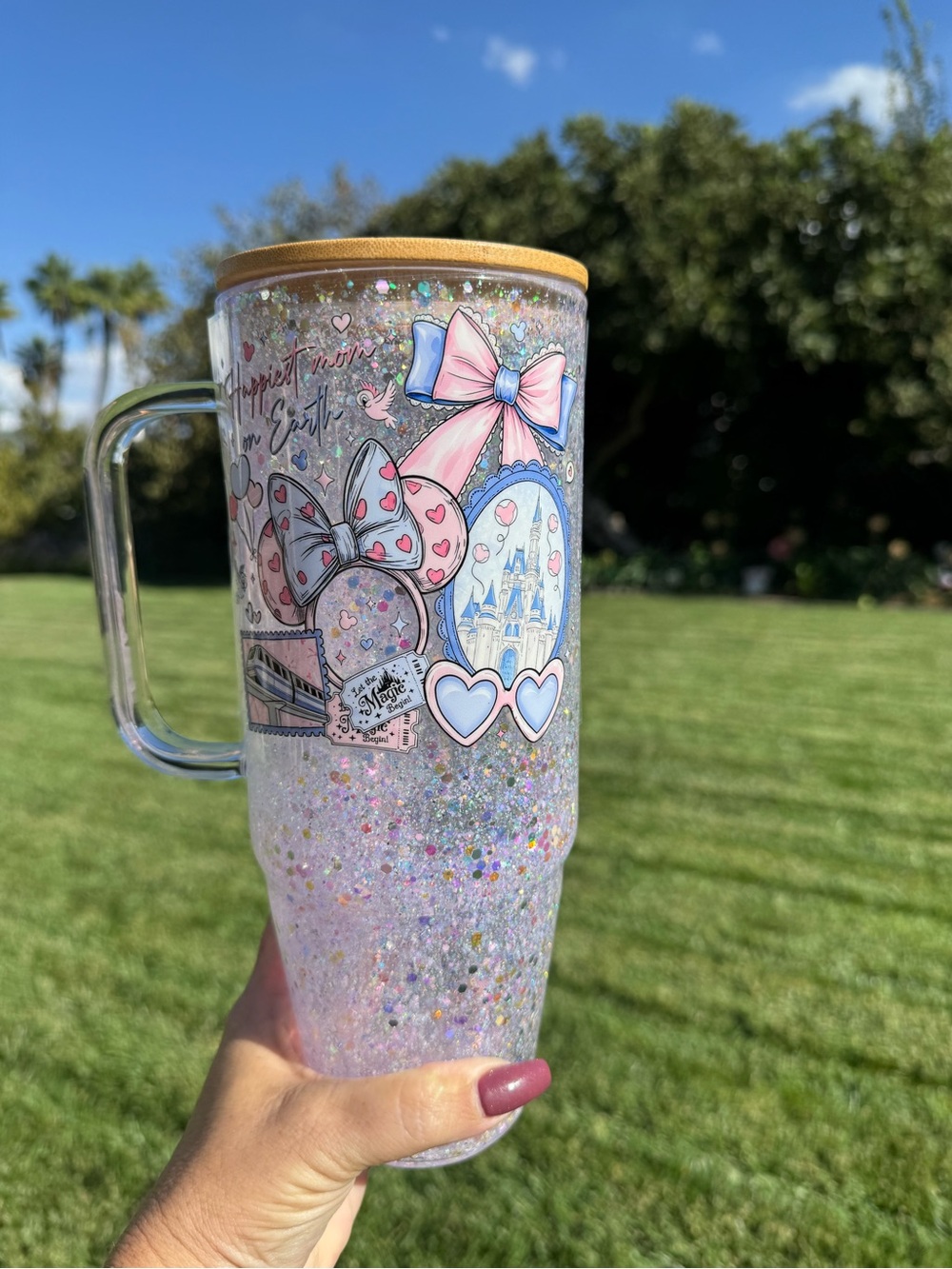 Happiest Mom on Earth Disney parks snow globe glass Tumbler 40oz